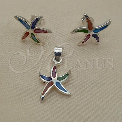 Sterling Silver Earring and Pendant Adult Set, Star Design, with Multicolor Mother of Pearl, Polished, Silver Finish, 10.399.0012