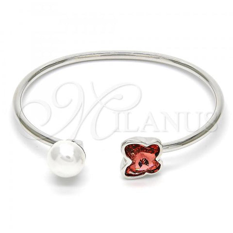 Rhodium Plated Individual Bangle, Butterfly Design, with Rose Peach Swarovski Crystals and Ivory Pearl, Polished, Rhodium Finish, 07.239.0005.5 (03 MM Thickness, One size fits all)