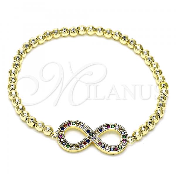 Oro Laminado Fancy Bracelet, Gold Filled Style Infinite and Expandable Bead Design, with Multicolor Micro Pave, Polished, Golden Finish, 03.156.0024.1.07