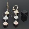 Oro Laminado Long Earring, Gold Filled Style Flower Design, Diamond Cutting Finish, Tricolor, 5.095.017