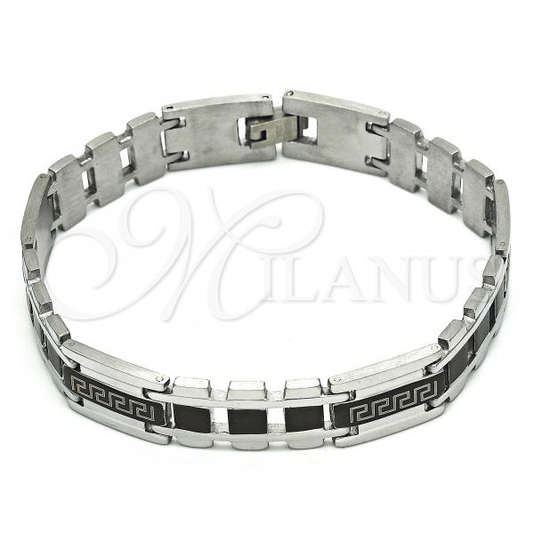 Stainless Steel Solid Bracelet, Greek Key Design, Polished, Black Rhodium Finish, 03.114.0311.1.09