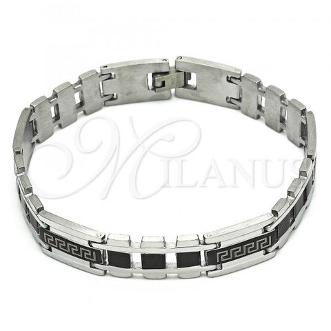 Stainless Steel Solid Bracelet, Greek Key Design, Polished, Black Rhodium Finish, 03.114.0311.1.09