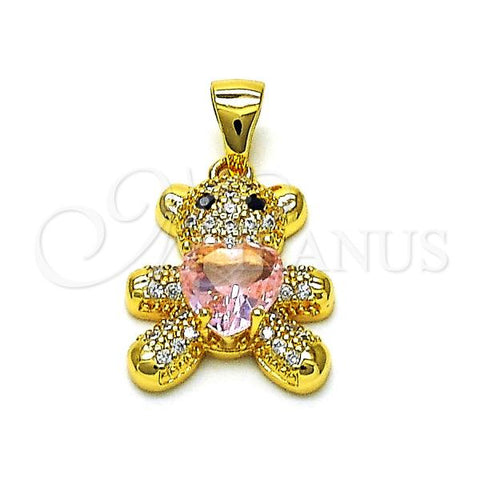 Oro Laminado Fancy Pendant, Gold Filled Style Teddy Bear and Heart Design, with Pink Cubic Zirconia and White Micro Pave, Polished, Golden Finish, 05.342.0187.1