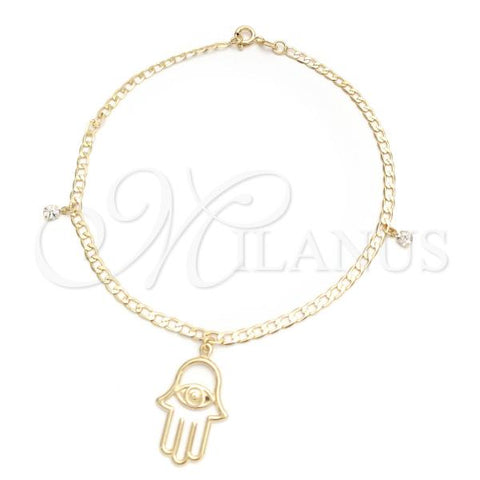 Oro Laminado Charm Anklet , Gold Filled Style Hand of God and Curb Design, with White Cubic Zirconia, Polished, Golden Finish, 03.58.0037.10