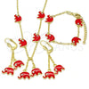 Oro Laminado Earring and Pendant Children Set, Gold Filled Style Elephant Design, with White Crystal, Red Enamel Finish, Golden Finish, 06.60.0006.3
