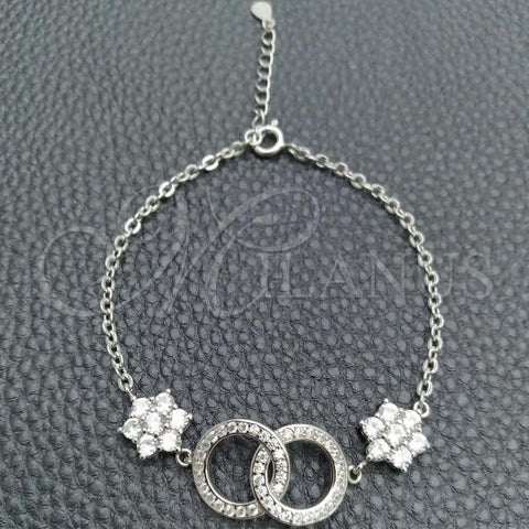 Sterling Silver Fancy Bracelet, Ball and Flower Design, with White Cubic Zirconia, Polished, Silver Finish, 03.398.0007.07