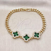 Oro Laminado Fancy Bracelet, Gold Filled Style Four-leaf Clover and Miami Cuban Design, with Green and White Cubic Zirconia, Polished, Golden Finish, 03.283.0433.07