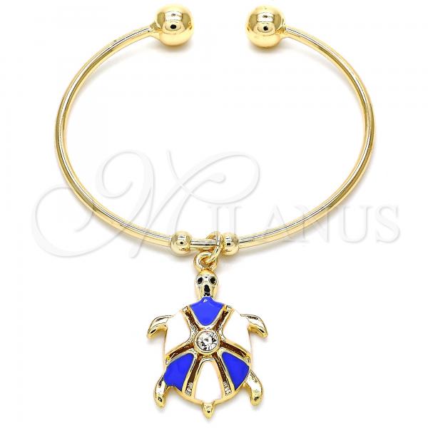 Oro Laminado Individual Bangle, Gold Filled Style Turtle Design, with White Crystal, Blue Enamel Finish, Golden Finish, 07.63.0204.2 (02 MM Thickness, One size fits all)