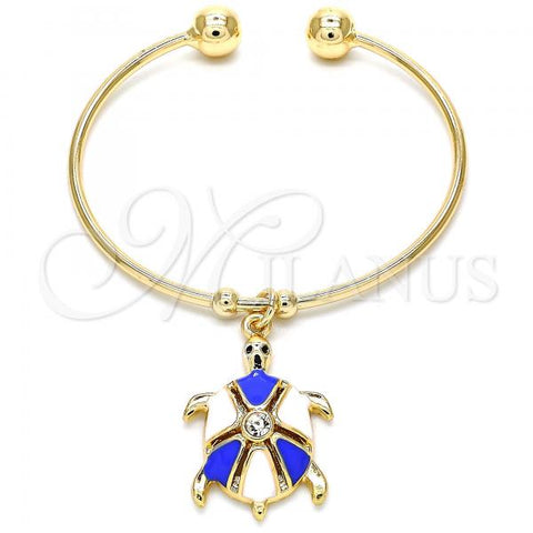 Oro Laminado Individual Bangle, Gold Filled Style Turtle Design, with White Crystal, Blue Enamel Finish, Golden Finish, 07.63.0204.2 (02 MM Thickness, One size fits all)