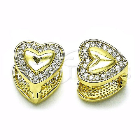 Oro Laminado Huggie Hoop, Gold Filled Style Heart Design, with White Micro Pave, Polished, Golden Finish, 02.213.0627.12