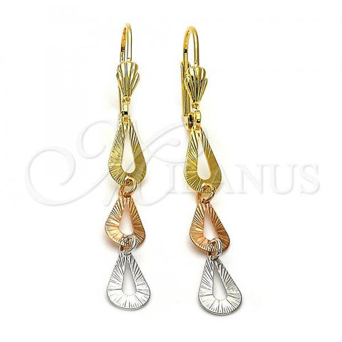 Oro Laminado Long Earring, Gold Filled Style Teardrop Design, Diamond Cutting Finish, Tricolor, 02.63.2174