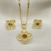 Oro Laminado Earring and Pendant Adult Set, Gold Filled Style Flower Design, with Coffee Crystal, Polished, Golden Finish, 10.160.0098