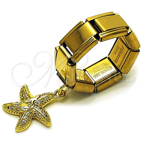 Oro Laminado Multi Stone Ring, Gold Filled Style Star and Shell Design, with White Micro Pave, Polished, Golden Finish, 01.341.0164