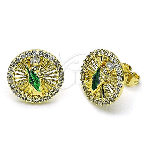 Oro Laminado Stud Earring, Gold Filled Style San Judas Design, with White Micro Pave, Polished, Tricolor, 02.411.0002