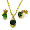 Oro Laminado Earring and Pendant Adult Set, Gold Filled Style Heart and Butterfly Design, with Green and White Cubic Zirconia, Polished, Golden Finish, 10.196.0166