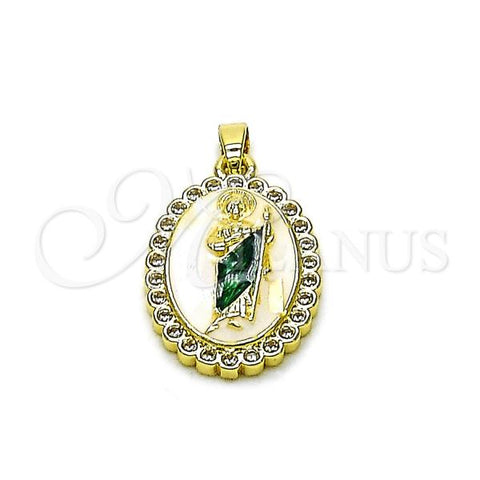 Oro Laminado Religious Pendant, Gold Filled Style San Judas Design, with White Cubic Zirconia, White Enamel Finish, Golden Finish, 05.284.0017