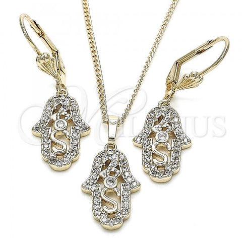 Oro Laminado Earring and Pendant Adult Set, Gold Filled Style Hand of God Design, with White Cubic Zirconia, Polished, Golden Finish, 10.210.0118