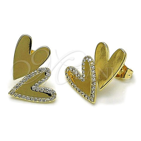 Oro Laminado Stud Earring, Gold Filled Style Heart Design, with White Micro Pave, Polished, Golden Finish, 02.204.0053