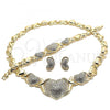 Oro Laminado Necklace, Bracelet and Earring, Gold Filled Style Heart and Hugs and Kisses Design, with White Crystal, Polished, Golden Finish, 06.372.0018