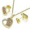 Oro Laminado Earring and Pendant Adult Set, Gold Filled Style Heart Design, with Garnet and White Micro Pave, Polished, Golden Finish, 10.199.0104.2