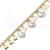 Oro Laminado Charm Anklet , Gold Filled Style Heart and Flower Design, Polished, Tricolor, 03.331.0058.10