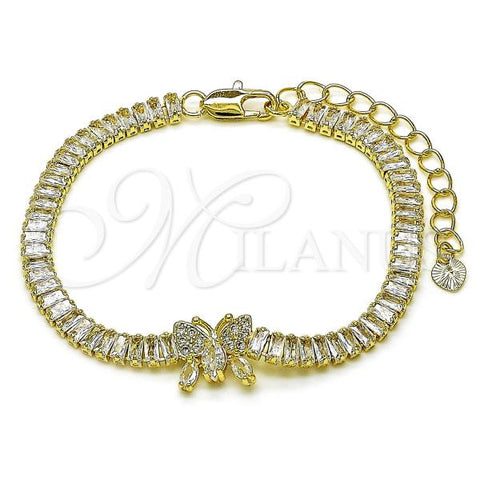 Oro Laminado Fancy Bracelet, Gold Filled Style Butterfly and Baguette Design, with White Cubic Zirconia, Polished, Golden Finish, 03.411.0034.07