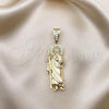 Oro Laminado Religious Pendant, Gold Filled Style San Judas Design, with White Micro Pave and White Cubic Zirconia, Polished, Golden Finish, 05.411.0003