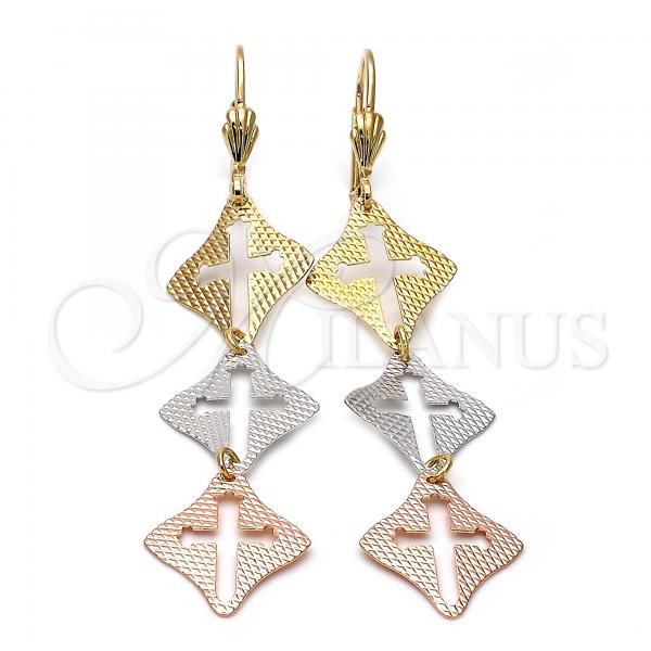 Oro Laminado Long Earring, Gold Filled Style Cross Design, Diamond Cutting Finish, Tricolor, 5.066.009