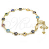 Oro Laminado Bracelet Rosary, Gold Filled Style Caridad del Cobre and Crucifix Design, Multicolor Resin Finish, Golden Finish, 09.63.0113.08