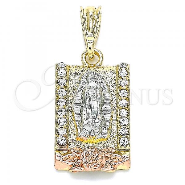 Oro Laminado Religious Pendant, Gold Filled Style Guadalupe and Flower Design, with White Crystal, Polished, Tricolor, 05.380.0083