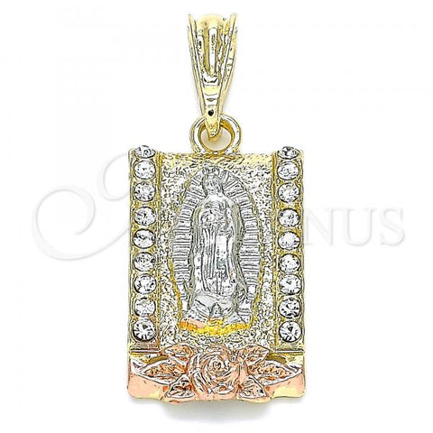 Oro Laminado Religious Pendant, Gold Filled Style Guadalupe and Flower Design, with White Crystal, Polished, Tricolor, 05.380.0083