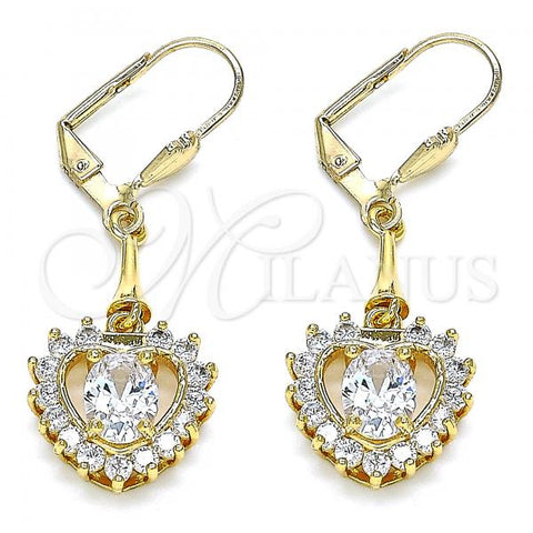 Oro Laminado Long Earring, Gold Filled Style Heart Design, with White Cubic Zirconia, Polished, Golden Finish, 02.387.0060.2