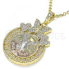 Oro Laminado Religious Pendant, Gold Filled Style Centenario Coin and Angel Design, with White Crystal, Polished, Tricolor, 05.380.0020