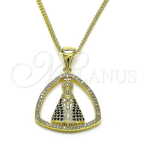 Oro Laminado Pendant Necklace, Gold Filled Style Caridad del Cobre and Cross Design, with White and Sapphire Blue Micro Pave, Polished, Golden Finish, 04.195.0067.18