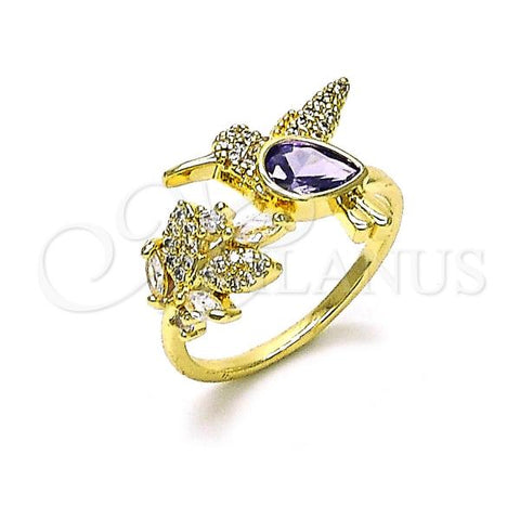 Oro Laminado Multi Stone Ring, Gold Filled Style Bird and Leaf Design, with Amethyst and White Cubic Zirconia, Polished, Golden Finish, 01.196.0023
