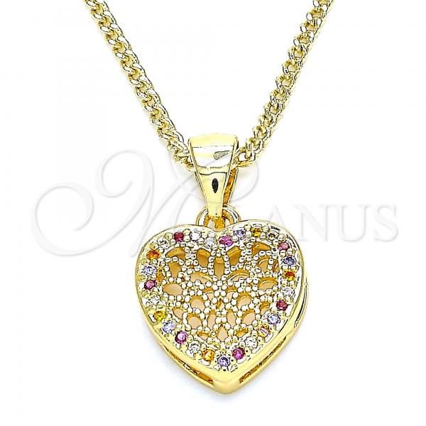 Oro Laminado Pendant Necklace, Gold Filled Style Heart Design, with Multicolor Micro Pave, Polished, Golden Finish, 04.156.0327.3.20