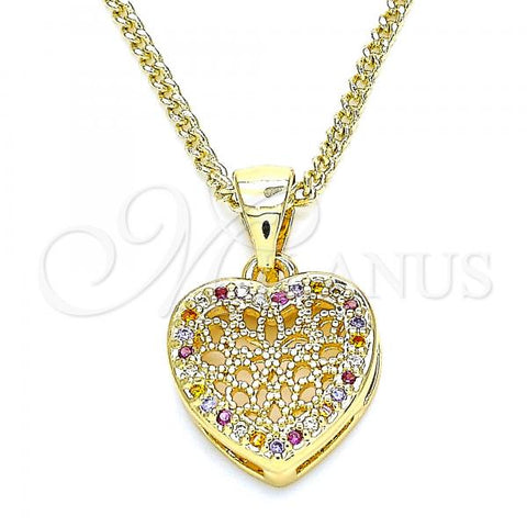 Oro Laminado Pendant Necklace, Gold Filled Style Heart Design, with Multicolor Micro Pave, Polished, Golden Finish, 04.156.0327.3.20