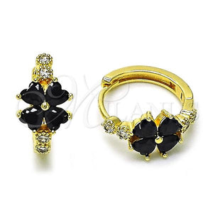 Gold Filled Hoop Earrings — Huggie Hoop Four-leaf Clover Design with Black and — main product view — SKU 156639 | Oro Laminado aretes de aro — Huggie Hoop Four-leaf Clover diseño with negro and — SKU 156639