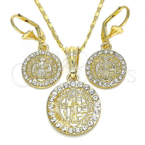Oro Laminado Earring and Pendant Adult Set, Gold Filled Style San Benito Design, with White Crystal, Polished, Golden Finish, 10.351.0002.1