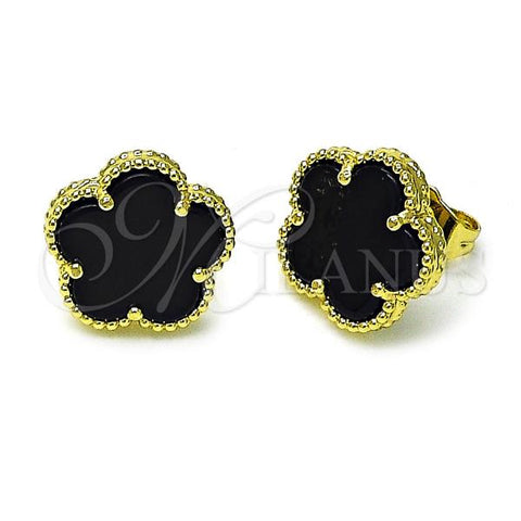 Oro Laminado Stud Earring, Gold Filled Style Flower Design, with Black Opal, Polished, Golden Finish, 02.313.0004.3