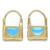 Oro Laminado Huggie Hoop, Gold Filled Style Lock and Heart Design, with White Micro Pave, Blue Enamel Finish, Golden Finish, 02.213.0210.2.10