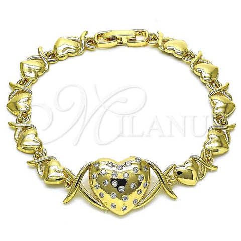 Oro Laminado Fancy Bracelet, Gold Filled Style Hugs and Kisses and Heart Design, with White Cubic Zirconia, Polished, Golden Finish, 03.283.0318.08