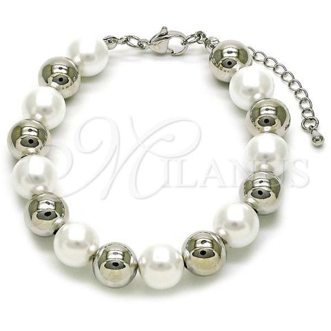 Rhodium Plated Fancy Bracelet, Ball and Hollow Design, with Ivory Pearl, Polished, Rhodium Finish, 03.341.0218.1.07