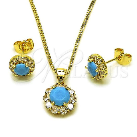 Oro Laminado Earring and Pendant Adult Set, Gold Filled Style Flower and Cluster Design, with White and Turquoise Cubic Zirconia, Polished, Golden Finish, 10.199.0086.11