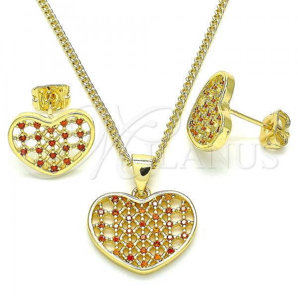 Oro Laminado Earring and Pendant Adult Set, Gold Filled Style Heart Design, with Garnet Micro Pave, Polished, Golden Finish, 10.156.0274.2