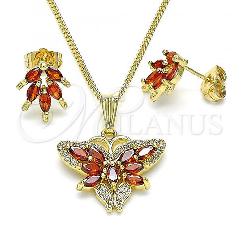 Oro Laminado Earring and Pendant Adult Set, Gold Filled Style Butterfly Design, with Garnet Cubic Zirconia and White Micro Pave, Polished, Golden Finish, 10.210.0134.3