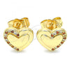 Oro Laminado Stud Earring, Gold Filled Style Heart Design, with Garnet and White Micro Pave, Polished, Golden Finish, 02.156.0495.1