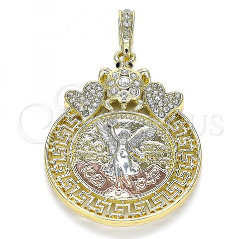 Oro Laminado Religious Pendant, Gold Filled Style Centenario Coin and Angel Design, with White and Black Crystal, Polished, Tricolor, 05.380.0017