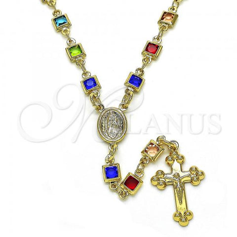 Oro Laminado Medium Rosary, Gold Filled Style Guadalupe and Crucifix Design, with Multicolor Crystal, Polished, Golden Finish, 09.326.0002.18