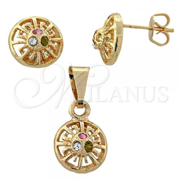Oro Laminado Earring and Pendant Adult Set, Gold Filled Style with Multicolor Crystal, Polished, Golden Finish, 10.150.0032.1